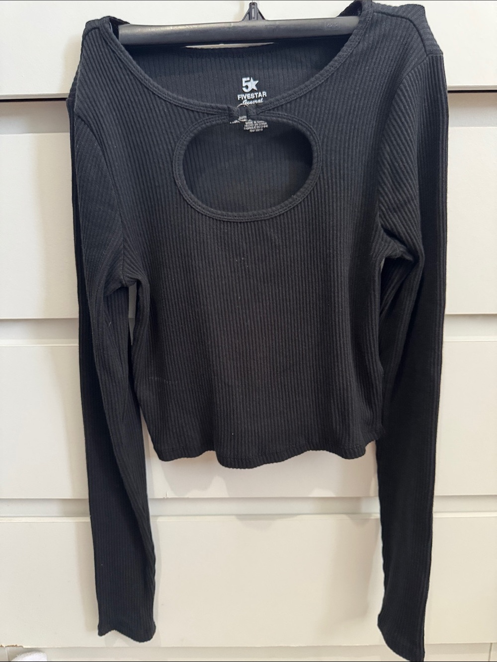 Five Star Black Ribbed Long Sleeve Top with Oval Front Cutout